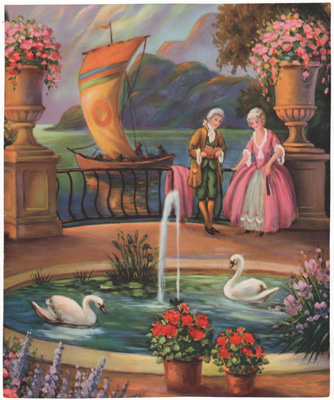 couple, swans, sailboat flowers
